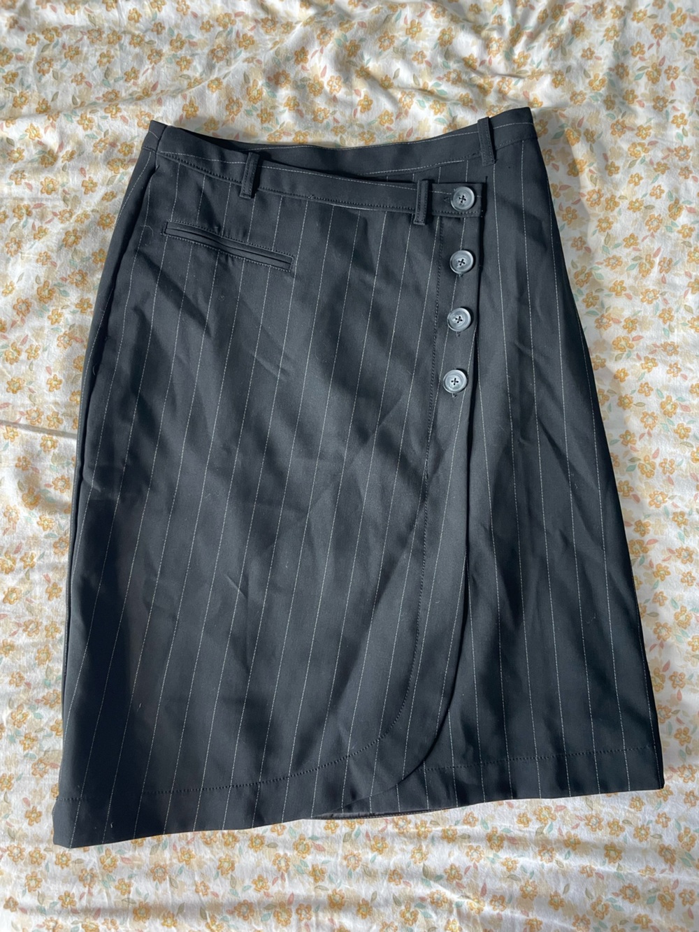 Anthropologie Black Pinstripe Midi Skirt with Button Front